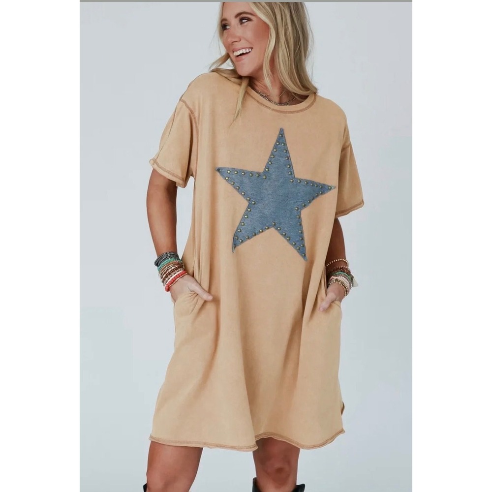 Three Bird Nest Tshirt Dress Khaki Studded Star Mini Short Sleeve Oversized Med